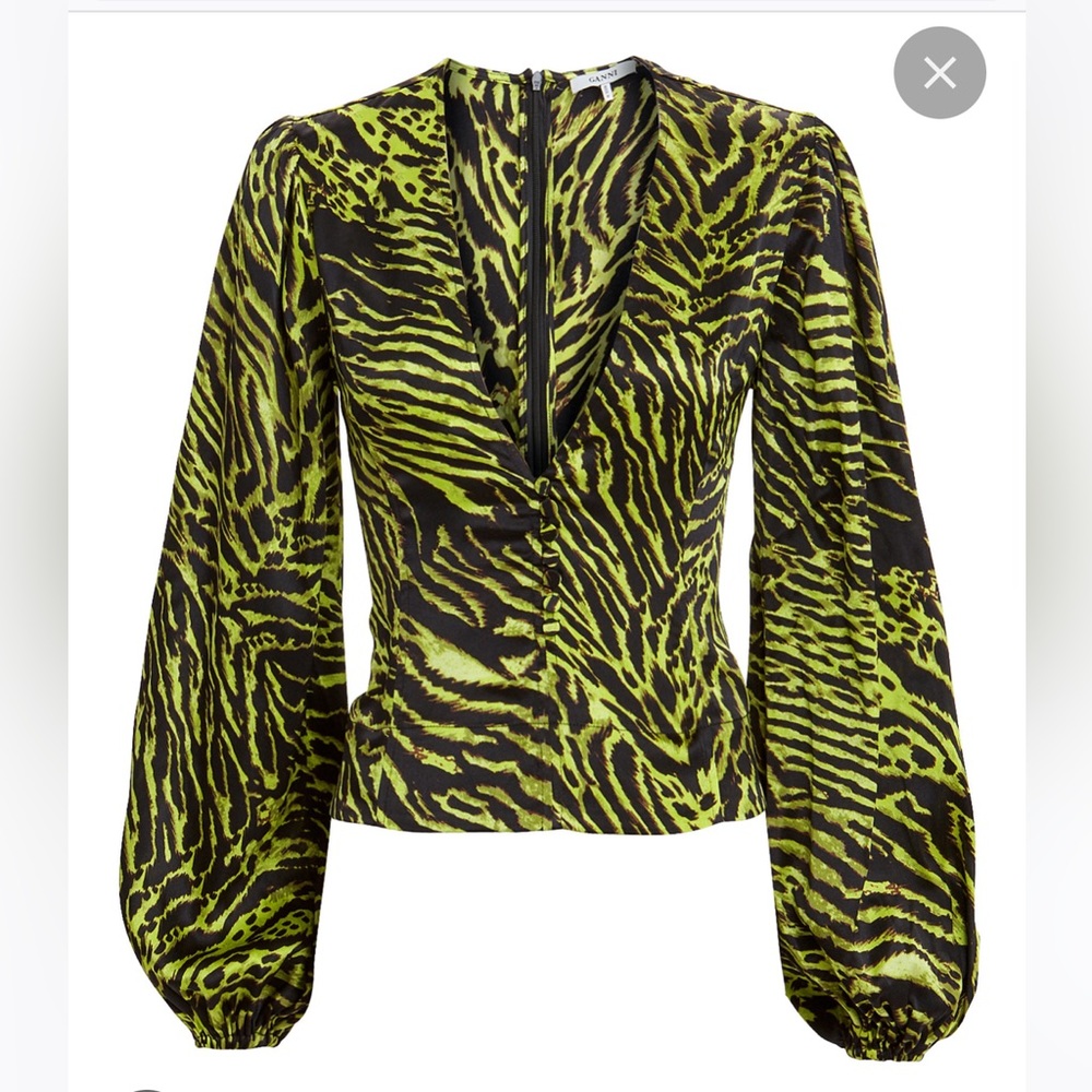 Ganni silk blouse green tiger print